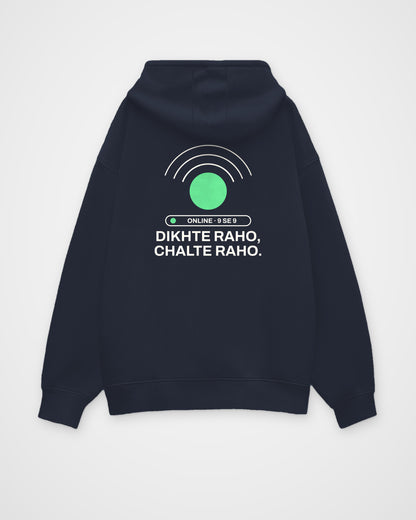 Navy blue oversized hoodie, back view, with a green online dot with signal waves, an ONLINE 9 SE 9 status – digital mockup