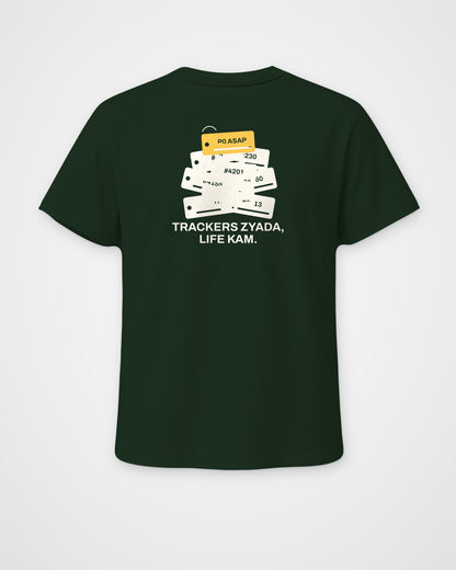 Bottle green regular fit t-shirt, back view, with a pile of numbered tickets with a P0 ASAP tag and Trackers zyada, life kam