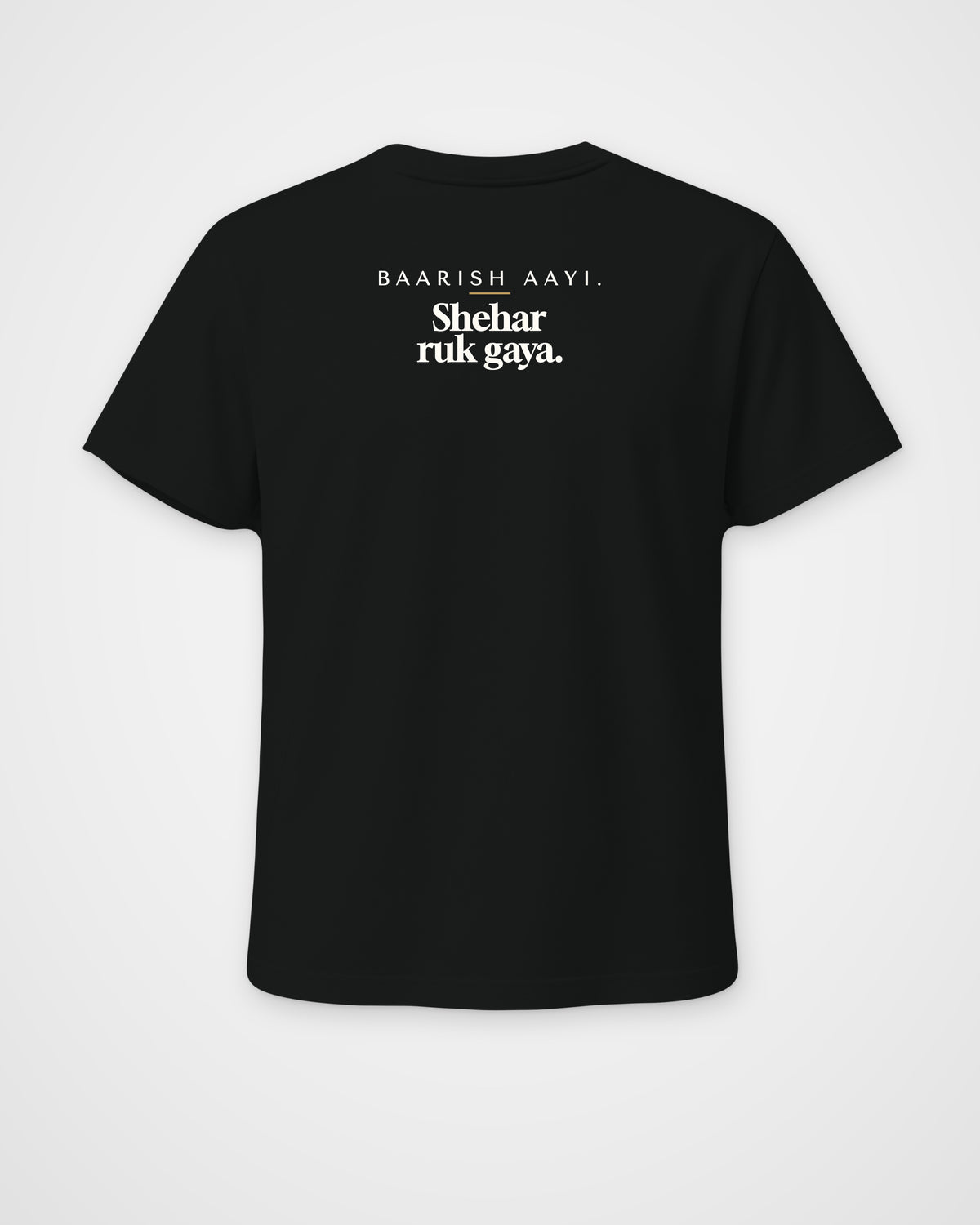 Black regular fit t-shirt, back view with one large print – digital mockup