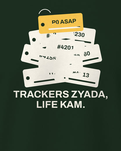 Bottle green regular fit t-shirt, close-up of the Office Tracker Tickets back print