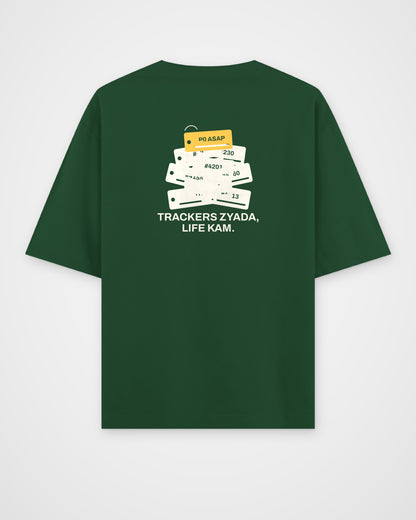 Bottle green oversized t-shirt, back view, with a pile of numbered tickets with a P0 ASAP tag and Trackers zyada, life kam