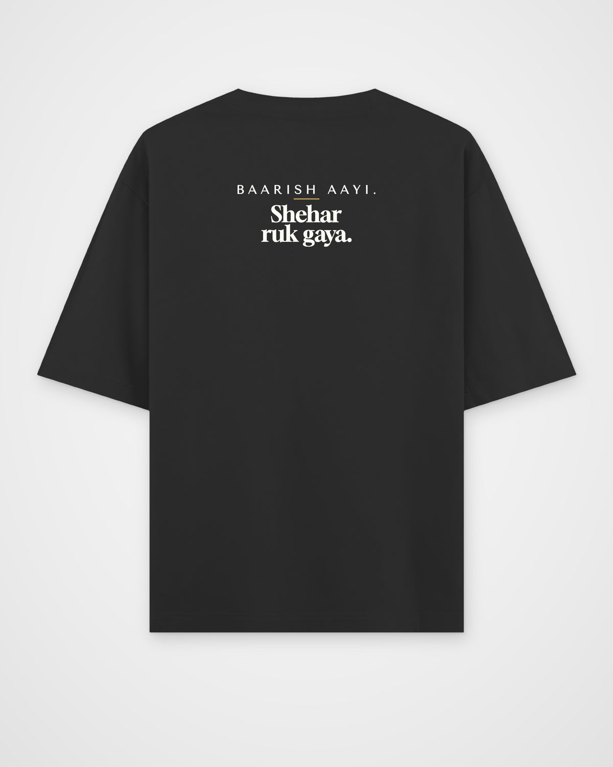 Black oversized t-shirt, back view with one large print – digital mockup