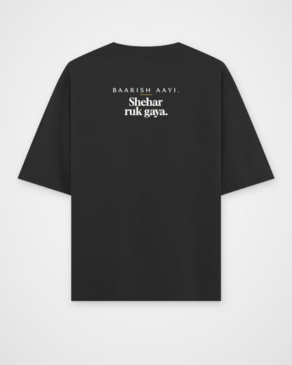 Black oversized t-shirt, back view with one large print – digital mockup
