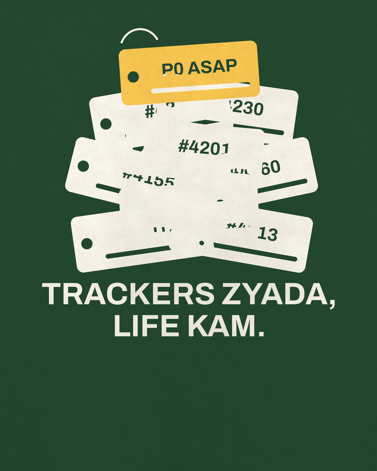 Bottle green oversized t-shirt, close-up of the Office Tracker Tickets back print