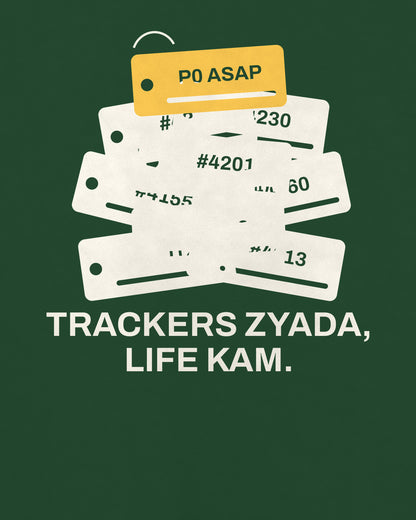Bottle green oversized t-shirt, close-up of the Office Tracker Tickets back print