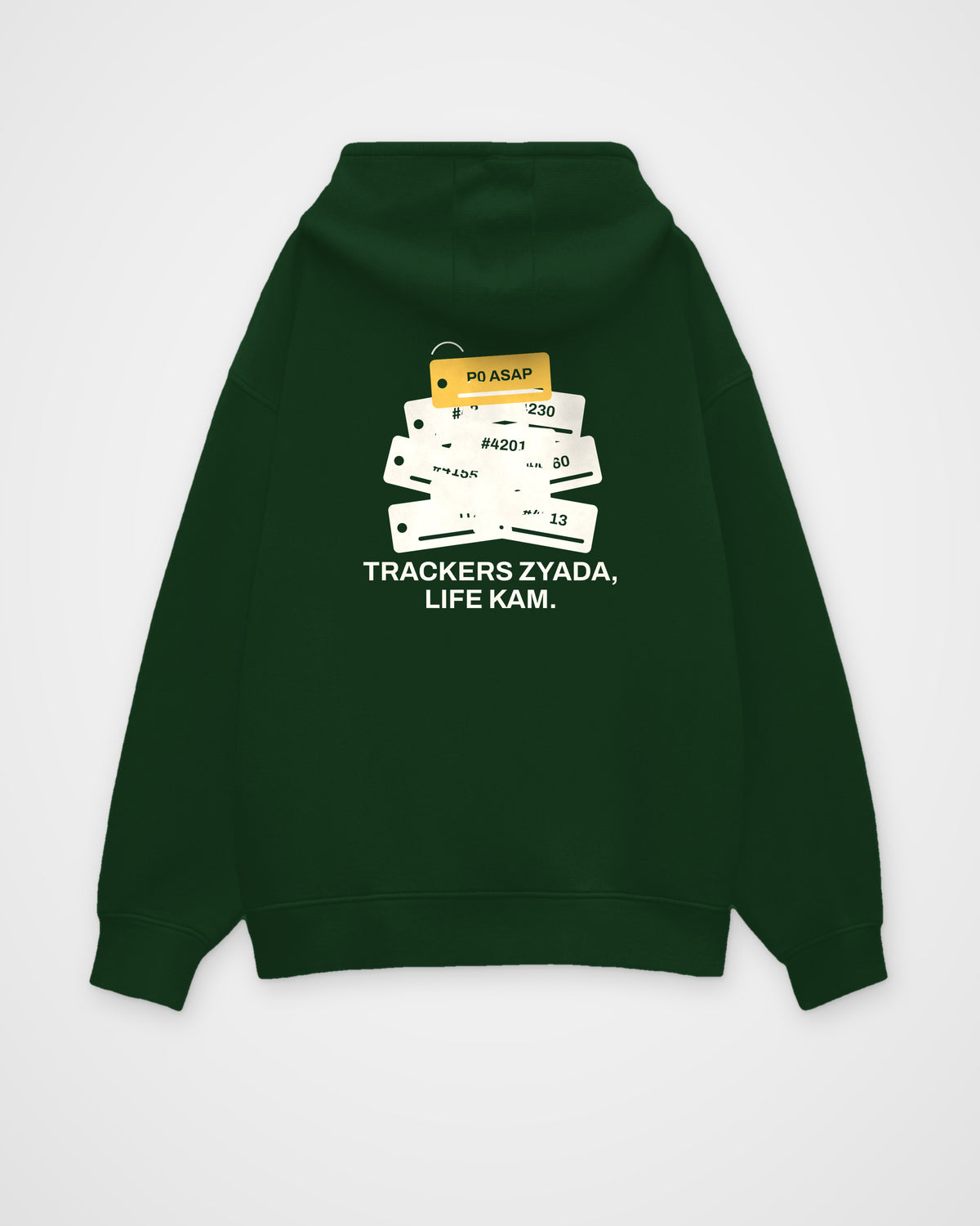 Bottle green oversized hoodie, back view, with a pile of numbered tickets with a P0 ASAP tag and Trackers zyada, life kam
