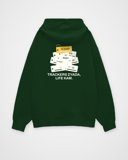 Bottle green oversized hoodie, back view, with a pile of numbered tickets with a P0 ASAP tag and Trackers zyada, life kam