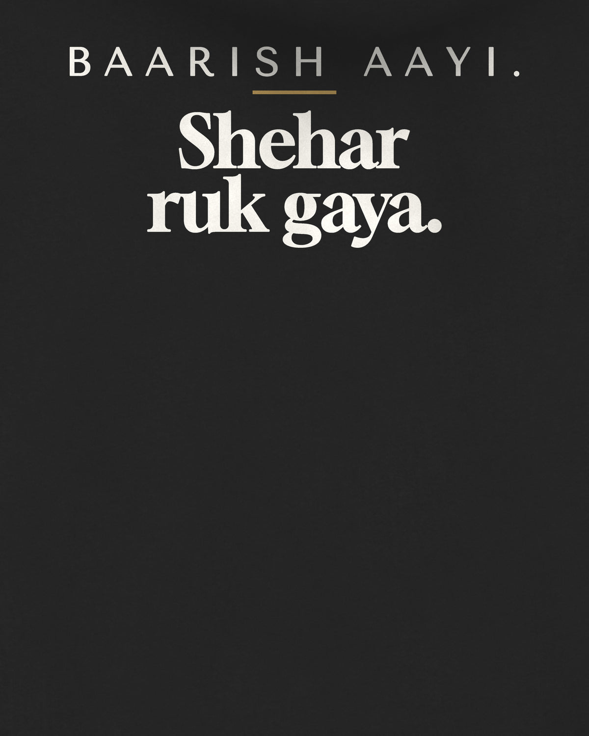 Black oversized hoodie, close-up of the back print reading Baarish aayi. Shehar ruk gaya – digital mockup