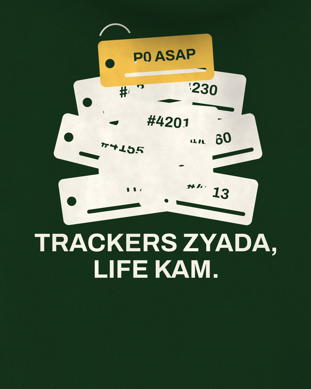 Bottle green oversized hoodie, close-up of the Office Tracker Tickets back print