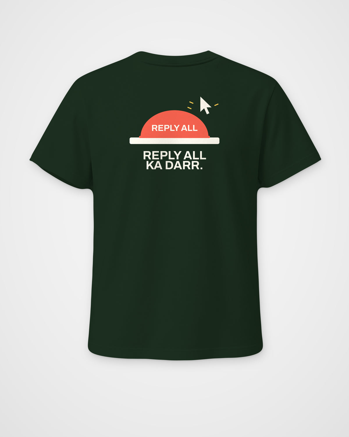Bottle green regular fit t-shirt, back view, with a red Reply All button with a cursor above it and Reply – digital mockup
