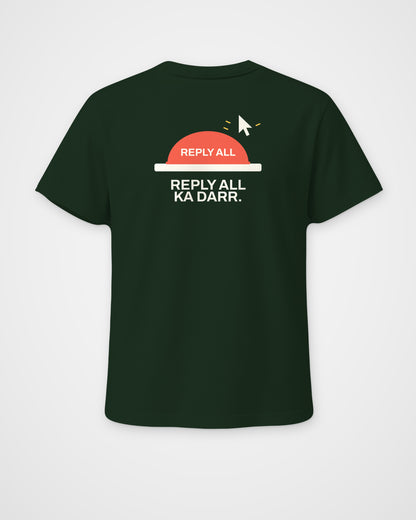 Bottle green regular fit t-shirt, back view, with a red Reply All button with a cursor above it and Reply – digital mockup