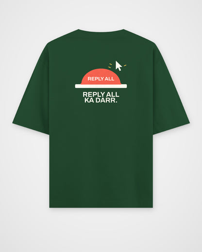 Bottle green oversized t-shirt, back view, with a red Reply All button with a cursor above it and Reply all – digital mockup