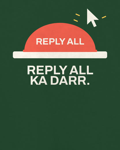 Bottle green oversized t-shirt, close-up of the Reply All Button Office back print – digital mockup