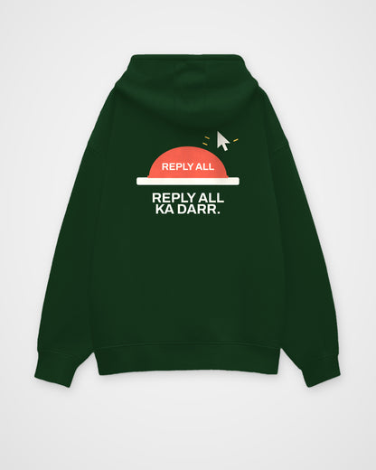 Bottle green oversized hoodie, back view, with a red Reply All button with a cursor above it and Reply all – digital mockup