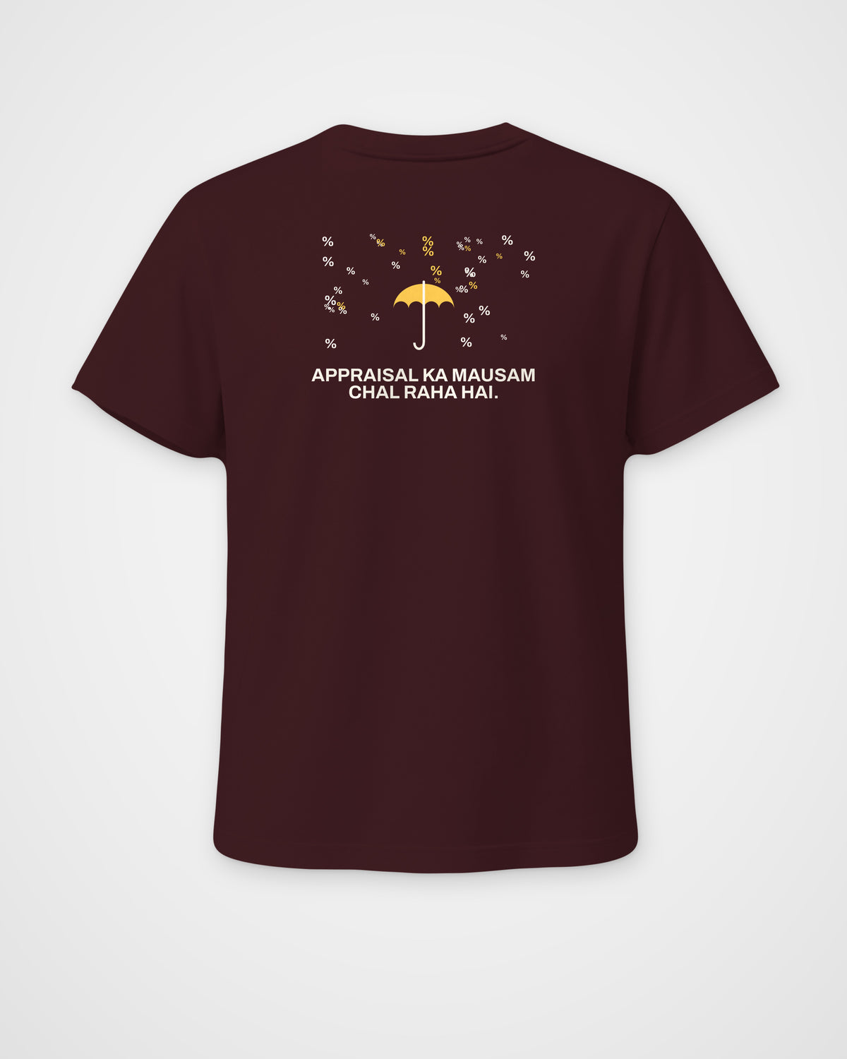 Maroon regular fit t-shirt, back view, with a small umbrella under a rain of percent signs and Appraisal ka – digital mockup