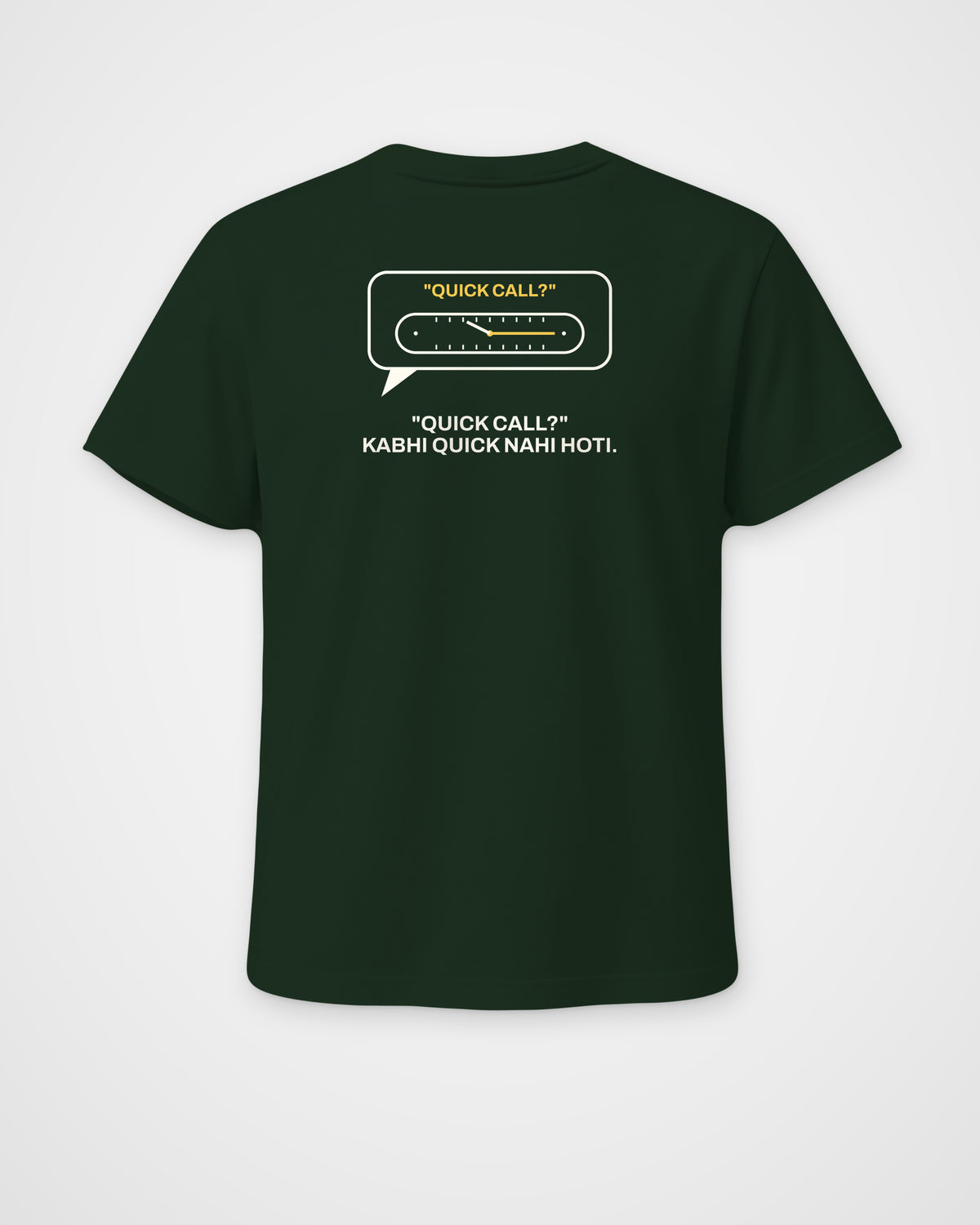 Bottle green regular fit t-shirt, back view, with a QUICK CALL? speech bubble with a stretching clock and – digital mockup