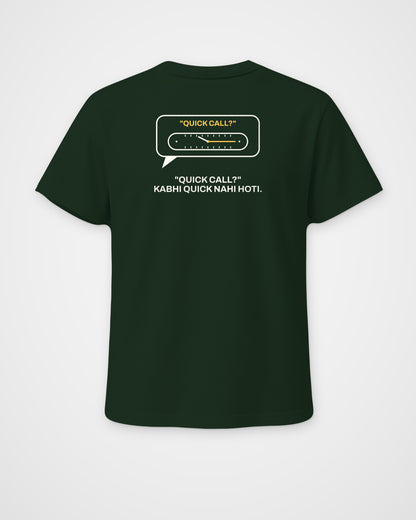 Bottle green regular fit t-shirt, back view, with a QUICK CALL? speech bubble with a stretching clock and – digital mockup