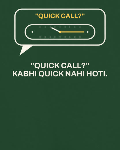 Bottle green oversized t-shirt, close-up of the Quick Call Clock Office back print – digital mockup