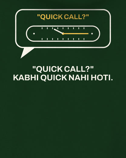 Bottle green oversized hoodie, close-up of the Quick Call Clock Office back print – digital mockup
