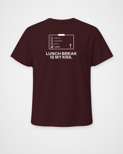 Maroon regular fit t-shirt, back view, with a checklist with only Lunch ticked and Lunch break is my KRA – digital mockup