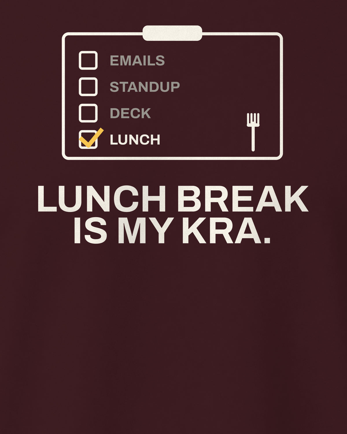 Maroon regular fit t-shirt, close-up of the Lunch Break Checklist Office back print – digital mockup
