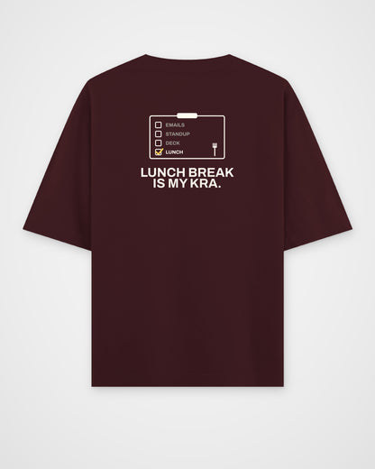 Maroon oversized t-shirt, back view, with a checklist with only Lunch ticked and Lunch break is my KRA – digital mockup