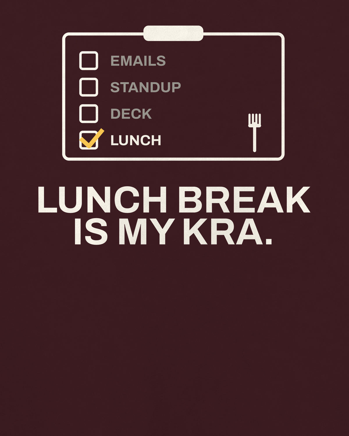 Maroon oversized t-shirt, close-up of the Lunch Break Checklist Office back print – digital mockup