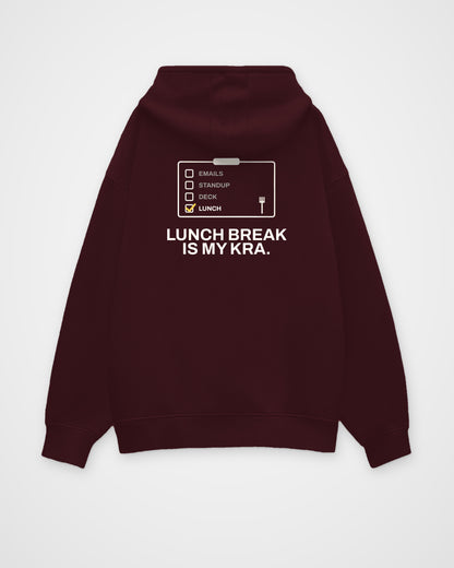 Maroon oversized hoodie, back view, with a checklist with only Lunch ticked and Lunch break is my KRA – digital mockup
