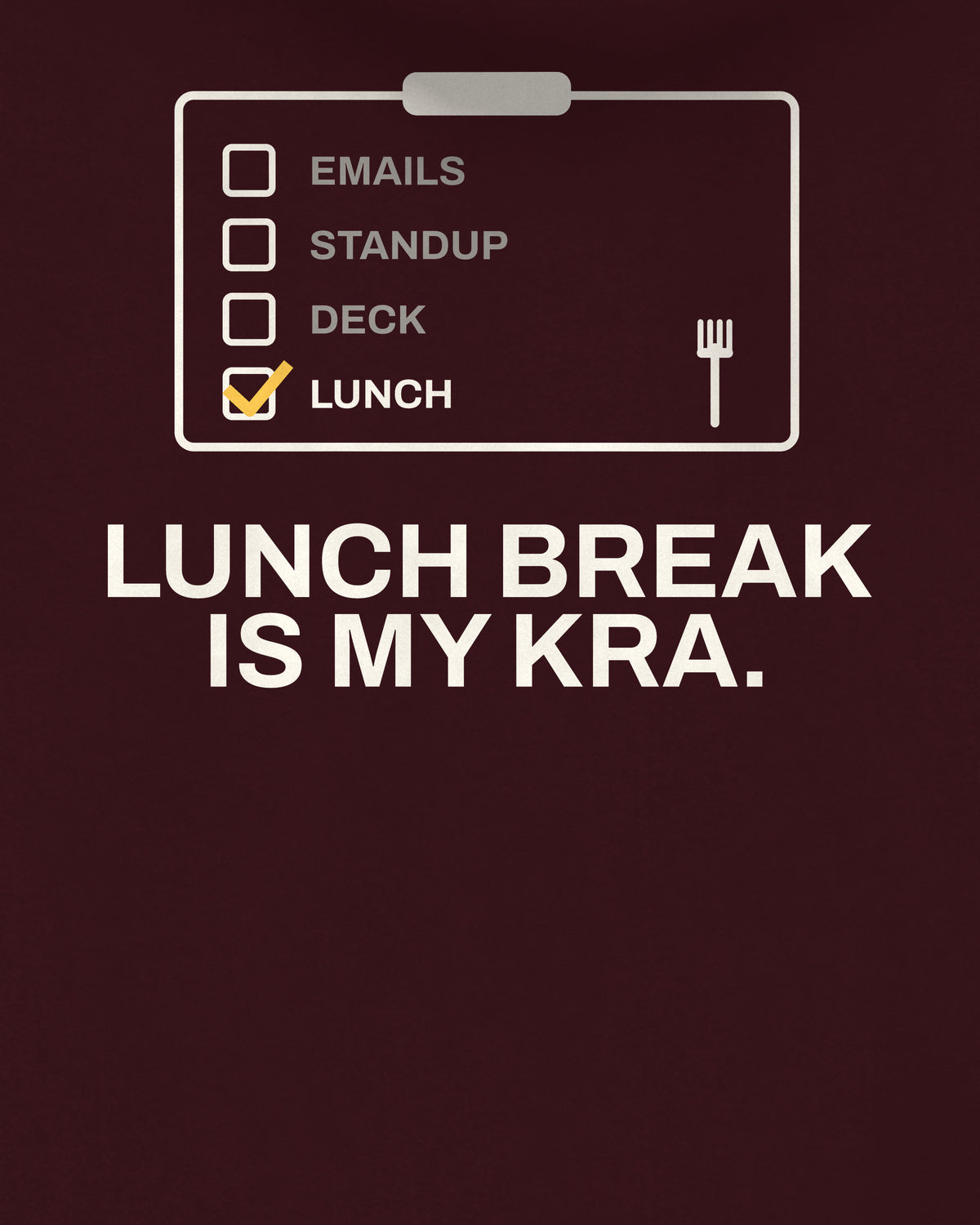 Maroon oversized hoodie, close-up of the Lunch Break Checklist Office back print – digital mockup