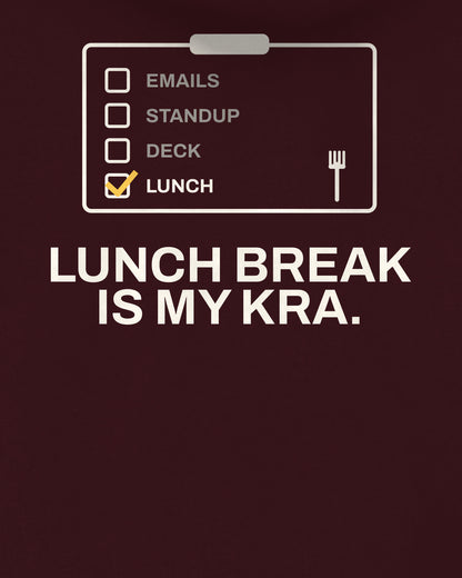 Maroon oversized hoodie, close-up of the Lunch Break Checklist Office back print – digital mockup