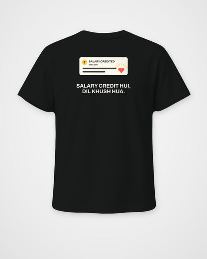 Black regular fit t-shirt, back view, with a Salary Credited notification card with a heart and Salary – digital mockup