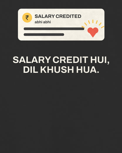 Black oversized t-shirt, close-up of the Salary Notification Office back print – digital mockup