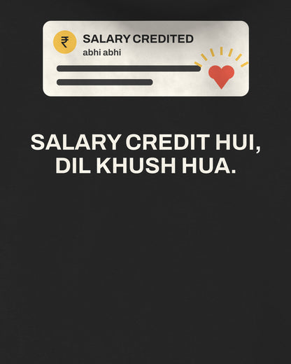Black oversized hoodie, close-up of the Salary Notification Office back print – digital mockup