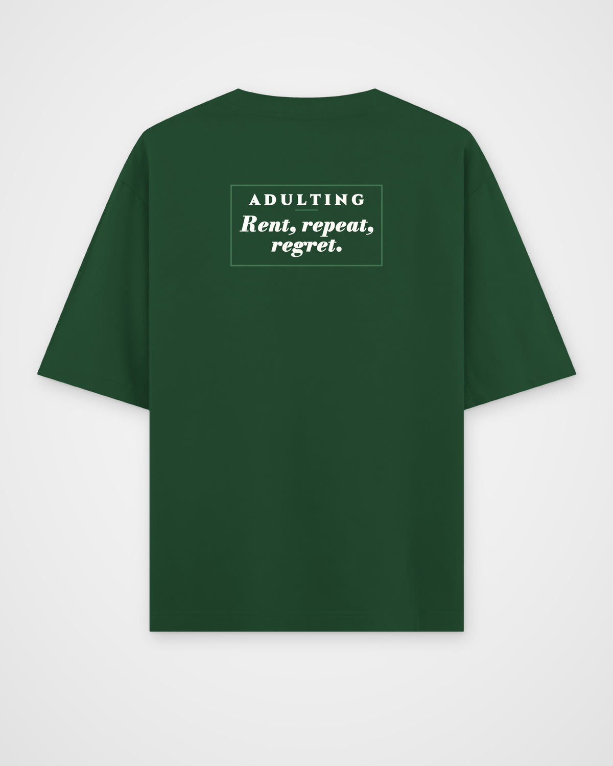 Bottle Green oversized t-shirt, back view with one large print – digital mockup