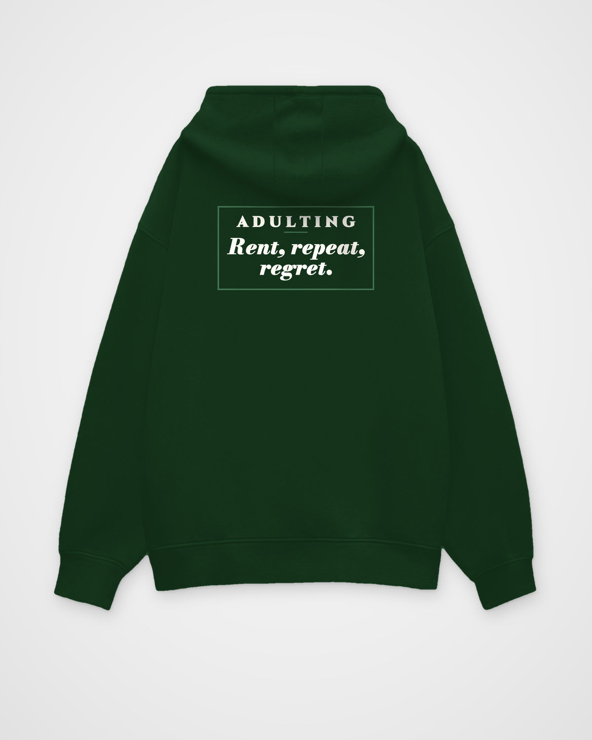 Bottle Green oversized hoodie, back view with one large print – digital mockup