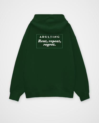 Bottle Green oversized hoodie, back view with one large print – digital mockup