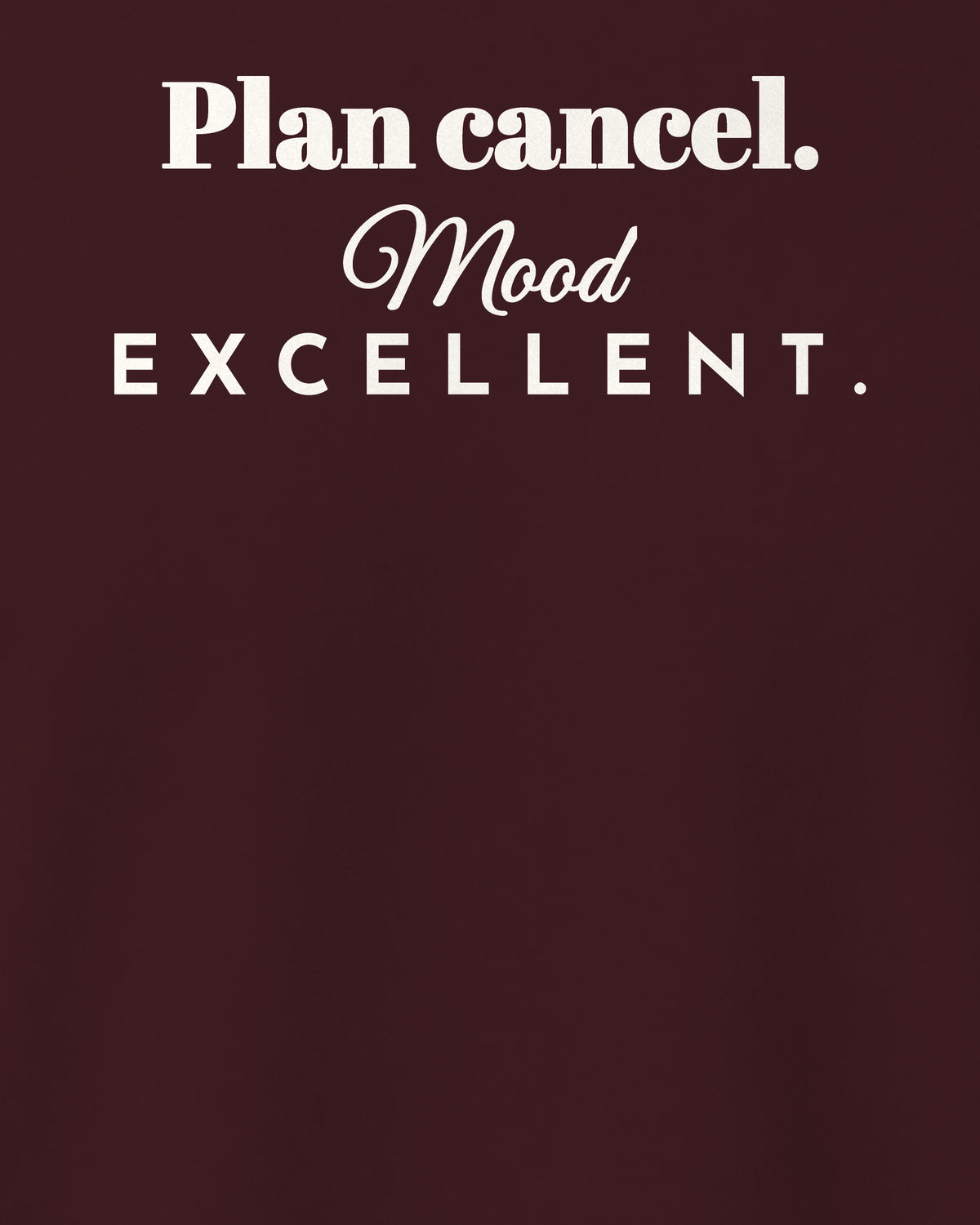 Maroon regular fit t-shirt, close-up of the back print reading Plan cancel. Mood excellent – digital mockup
