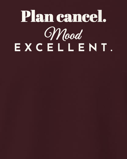 Maroon regular fit t-shirt, close-up of the back print reading Plan cancel. Mood excellent – digital mockup