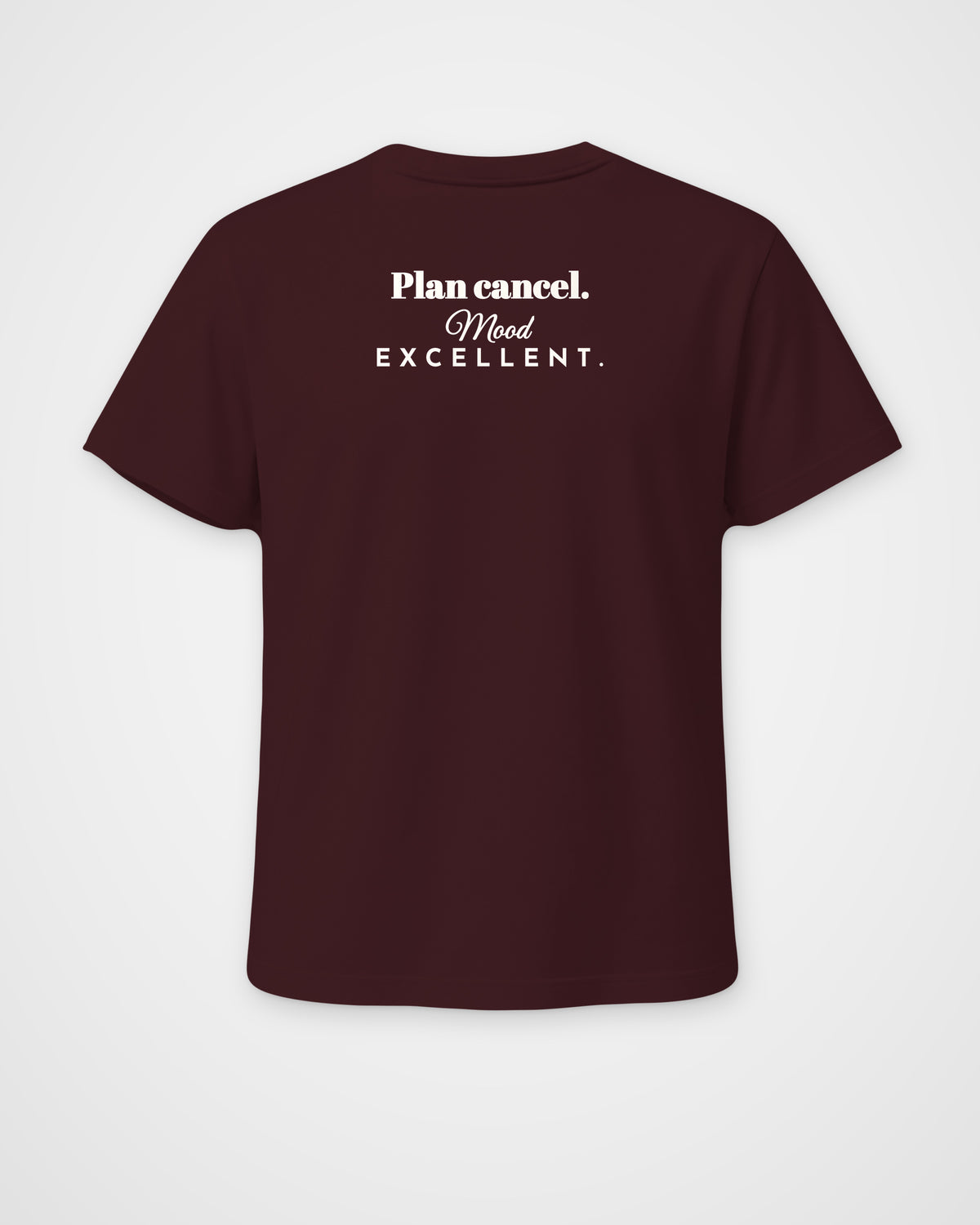 Maroon regular fit t-shirt, back view with one large print – digital mockup