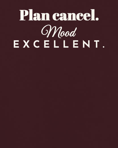 Maroon oversized t-shirt, close-up of the back print reading Plan cancel. Mood excellent – digital mockup