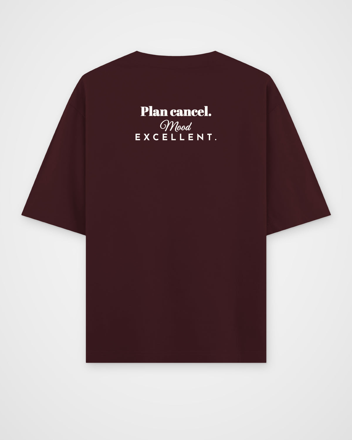 Maroon oversized t-shirt, back view with one large print – digital mockup