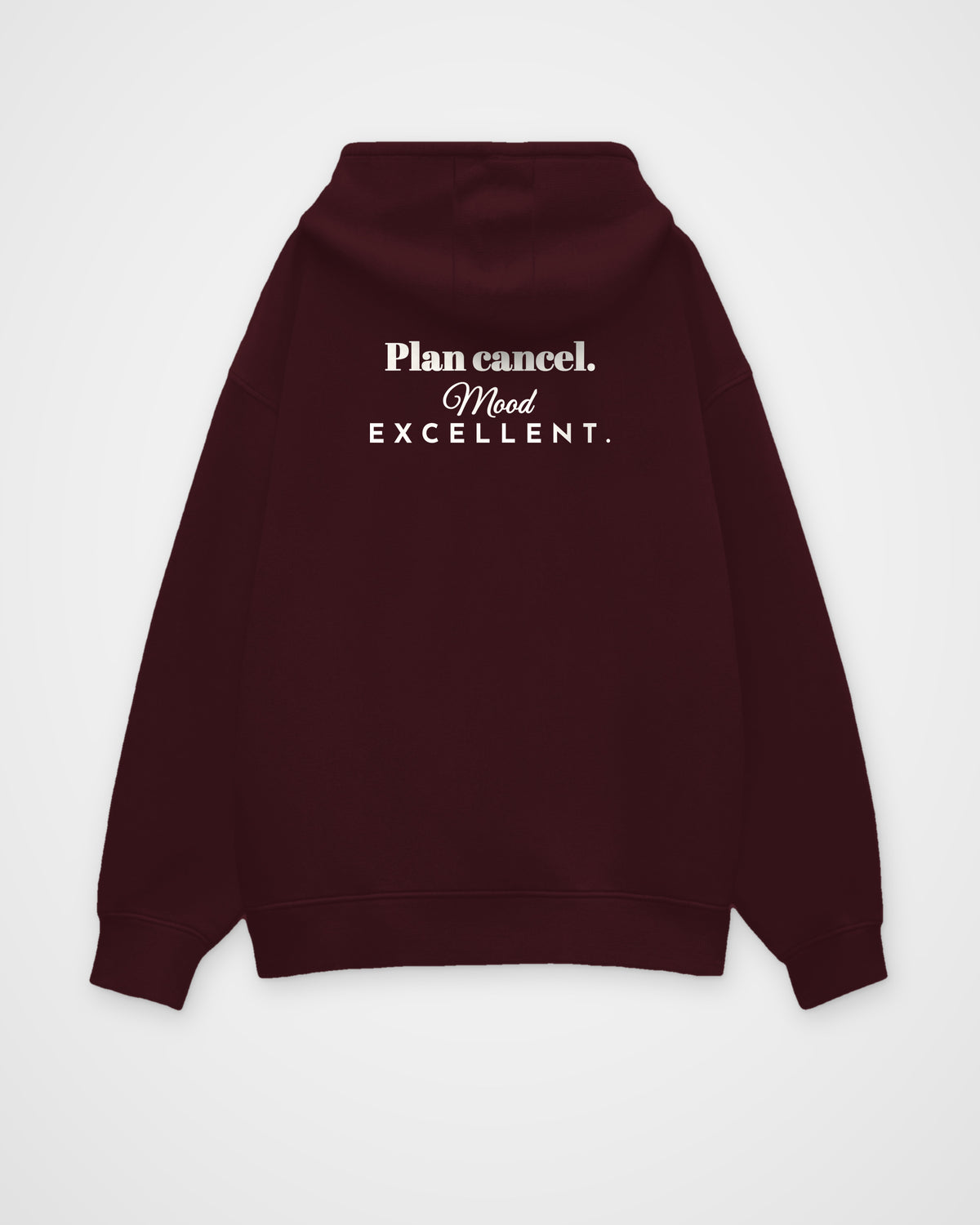 Maroon oversized hoodie, back view with one large print – digital mockup