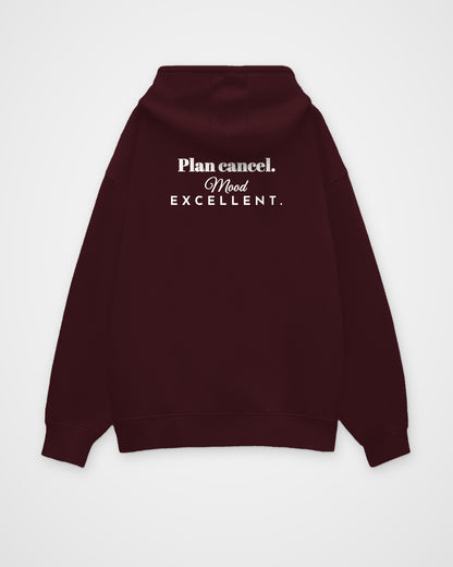 Maroon oversized hoodie, back view with one large print – digital mockup
