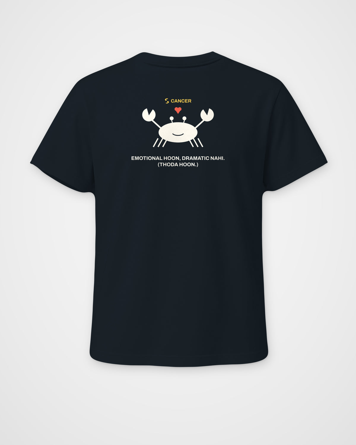 Navy blue regular fit t-shirt, back view, with a smiling crab holding a small heart, CANCER and Emotional – digital mockup