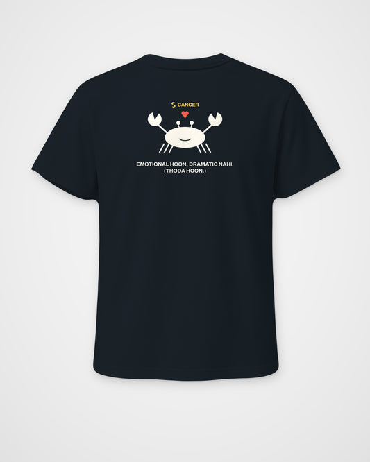 Navy blue regular fit t-shirt, back view, with a smiling crab holding a small heart, CANCER and Emotional – digital mockup