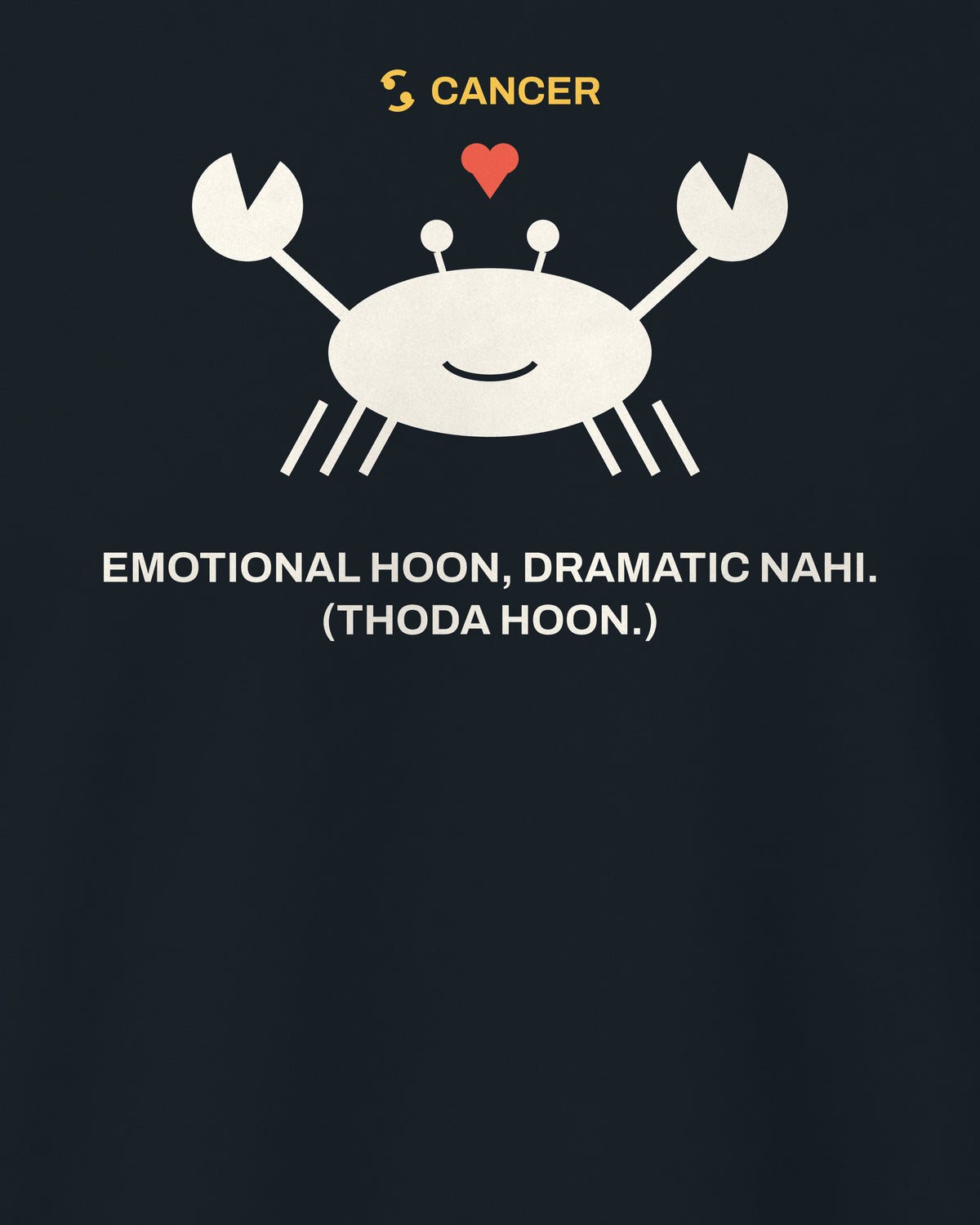 Navy blue regular fit t-shirt, close-up of the Cancer Zodiac Crab Heart back print – digital mockup