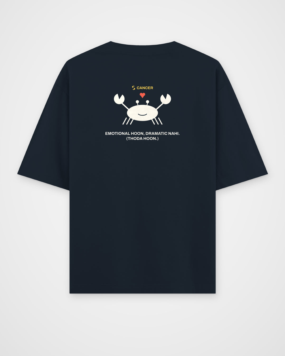 Navy blue oversized t-shirt, back view, with a smiling crab holding a small heart, CANCER and Emotional – digital mockup