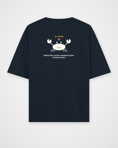 Navy blue oversized t-shirt, back view, with a smiling crab holding a small heart, CANCER and Emotional – digital mockup