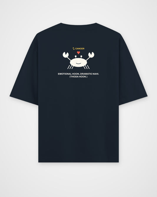 Navy blue oversized t-shirt, back view, with a smiling crab holding a small heart, CANCER and Emotional – digital mockup