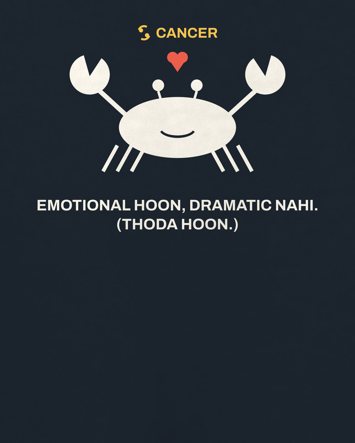 Navy blue oversized t-shirt, close-up of the Cancer Zodiac Crab Heart back print – digital mockup